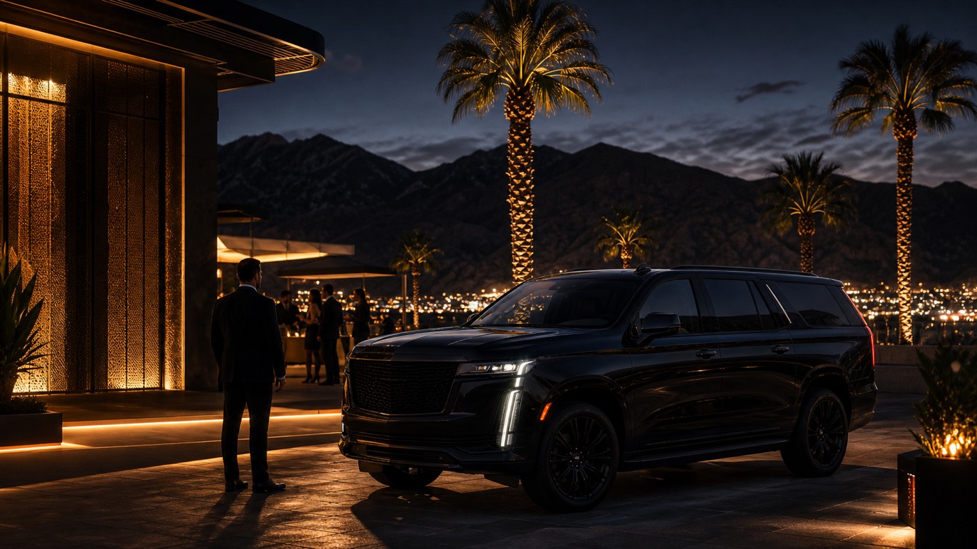 Black luxury SUV near an upscale Palm Springs rooftop nightlife venue