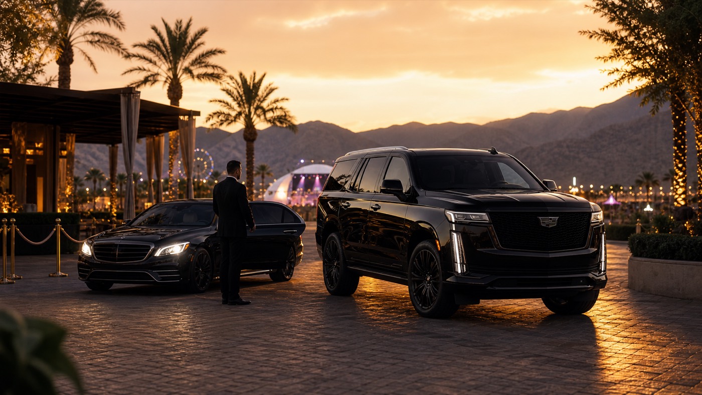 Prime black vehicles in a luxury Coachella Valley event arrival area at golden hour