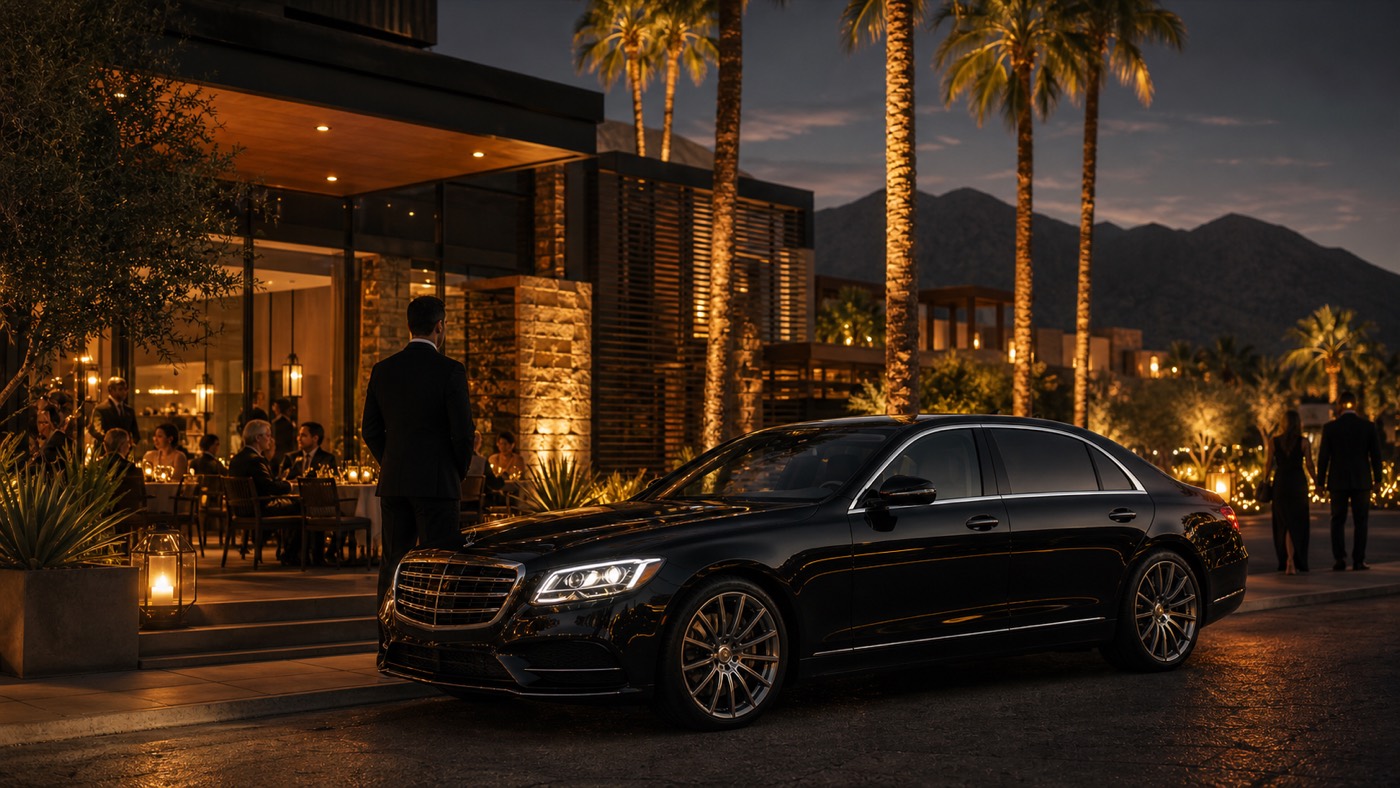 Black executive sedan waiting outside a luxury Coachella Valley restaurant at night