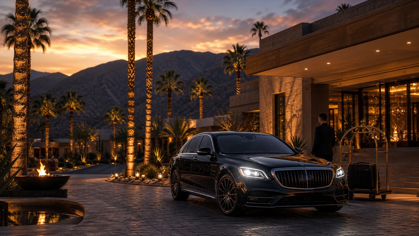 Black luxury vehicle arriving at a Palm Springs desert resort at sunset