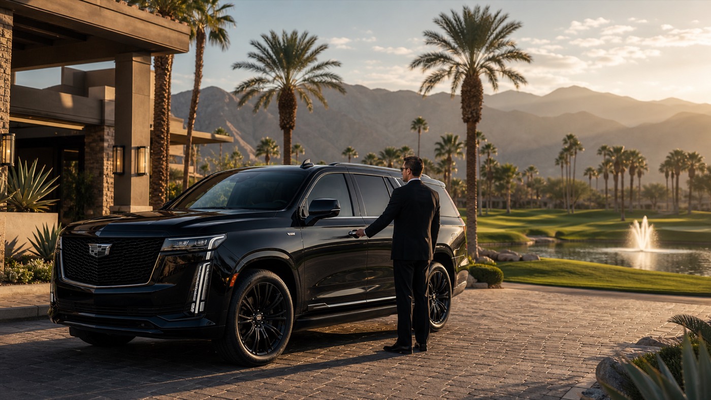 Black executive vehicle at a luxury desert golf and spa resort in Coachella Valley